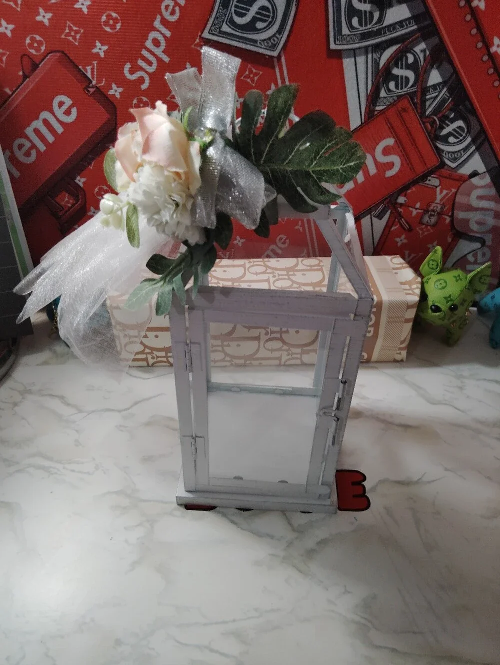 White Decorative Lantern with Pink Rose Accent - Home Accents